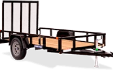 Flatbed utility trailer with a metal frame and wooden floor.