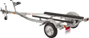 Small metal boat trailer with two wheels and rear lights.