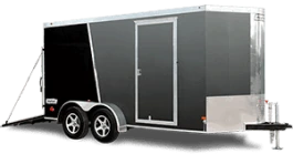 Enclosed cargo trailer with tandem axles and a side door.
