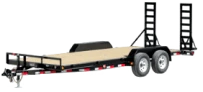 Equipment trailer with tandem axles, wooden deck, and loading ramps.