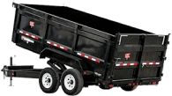 Dump trailer with tandem axles and high metal sides.