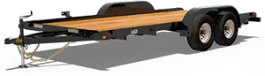 Tandem-axle flatbed trailer with a wooden deck and metal frame.